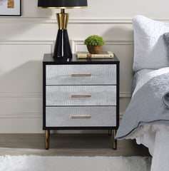 1pc Glamorous Bedroom Furniture 1pc Black Nightstand with 3-Drawers Silver Finish Crocodile Pattern Fronts Gold Finish Legs