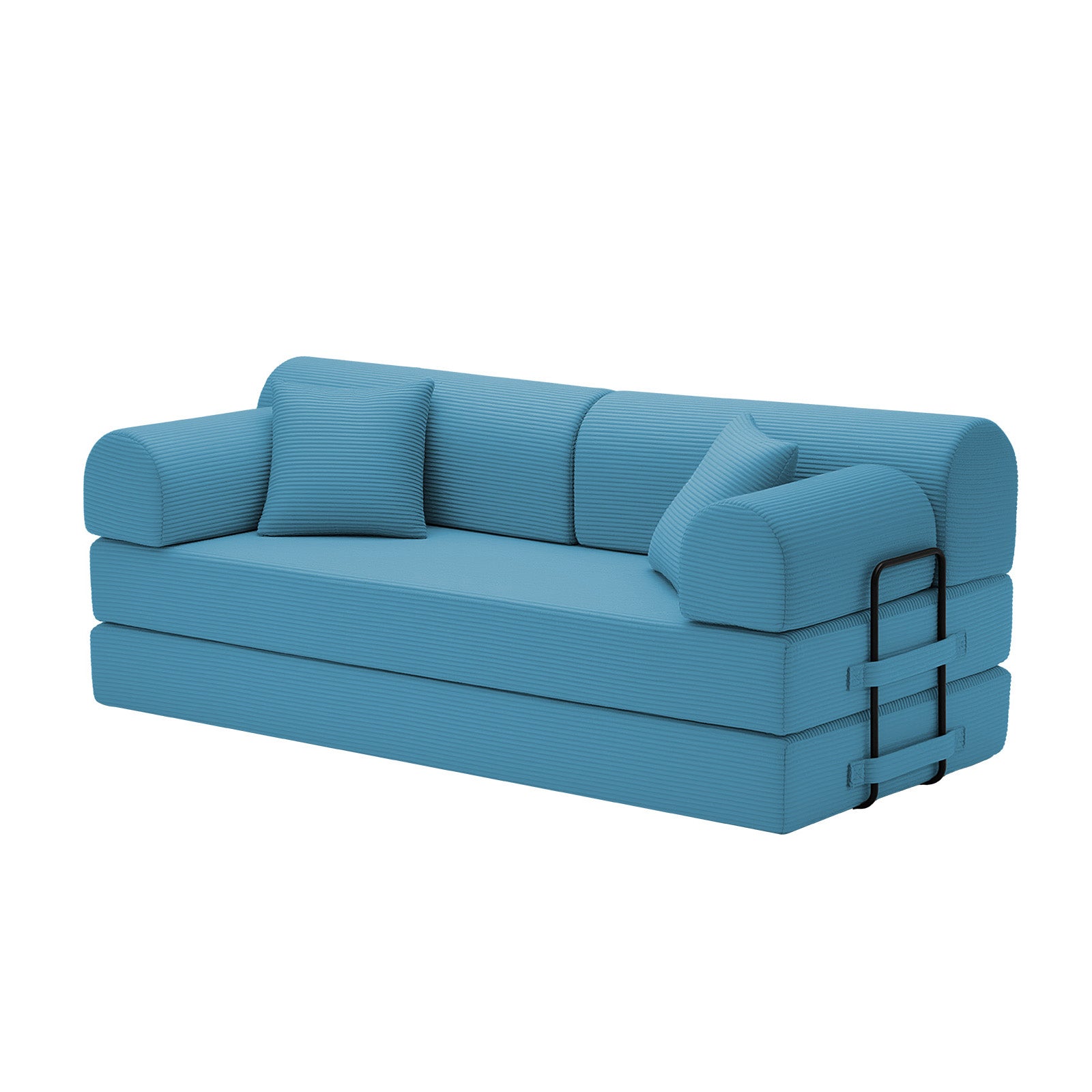 Convertible Sleeper Sofa Bed with Cylindrical Pillow, Corduroy Folding Mattress Couch with Fixed-Shape Frame, Floor Sofa Lounge Couch for Living Room Bedroom(Azure)