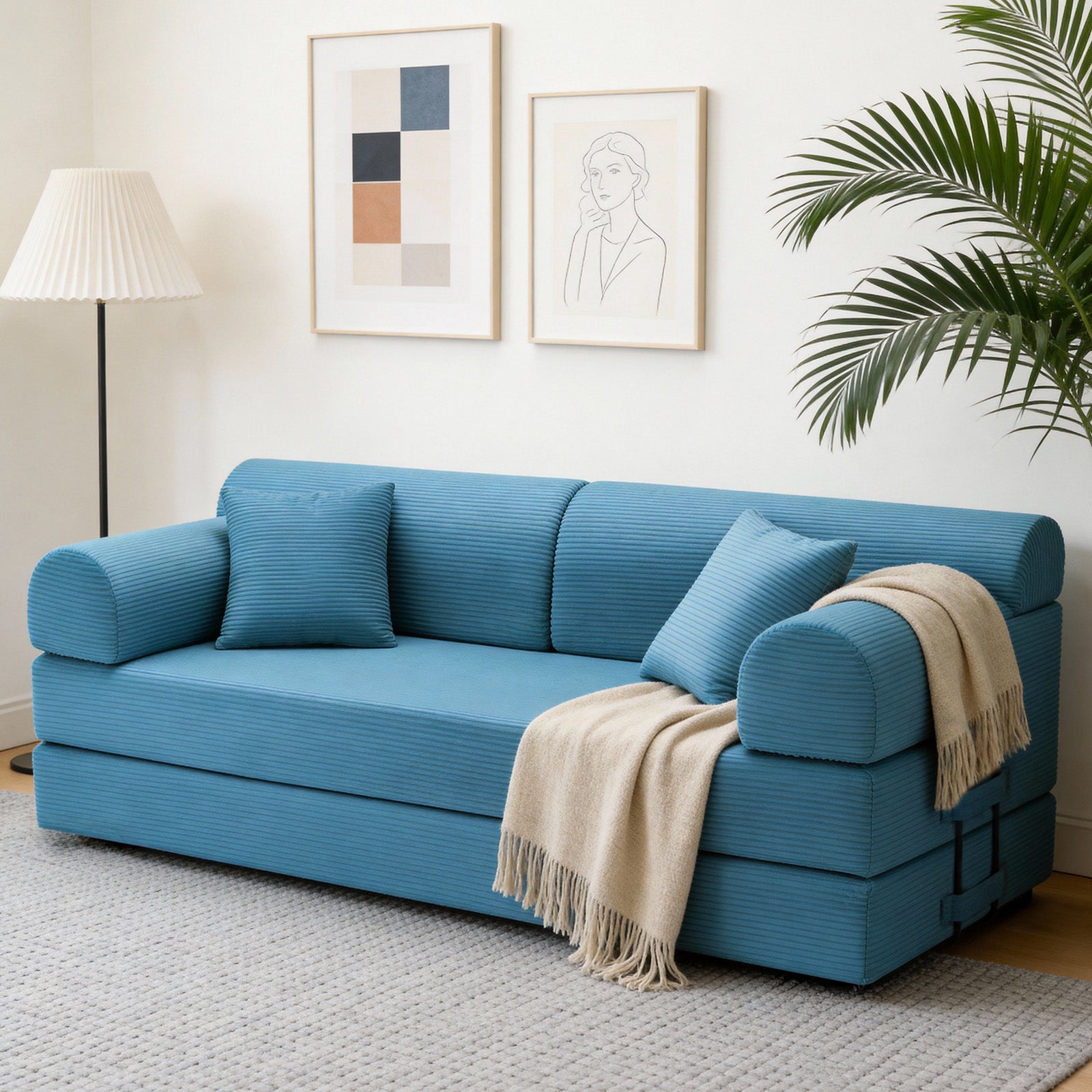 Convertible Sleeper Sofa Bed with Cylindrical Pillow, Corduroy Folding Mattress Couch with Fixed-Shape Frame, Floor Sofa Lounge Couch for Living Room Bedroom(Azure)
