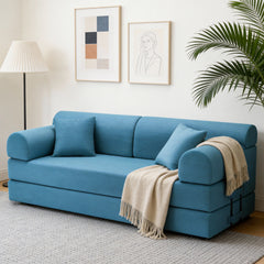 Convertible Sleeper Sofa Bed with Cylindrical Pillow, Corduroy Folding Mattress Couch with Fixed-Shape Frame, Floor Sofa Lounge Couch for Living Room Bedroom(Azure)