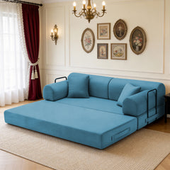 Convertible Sleeper Sofa Bed with Cylindrical Pillow, Corduroy Folding Mattress Couch with Fixed-Shape Frame, Floor Sofa Lounge Couch for Living Room Bedroom(Azure)