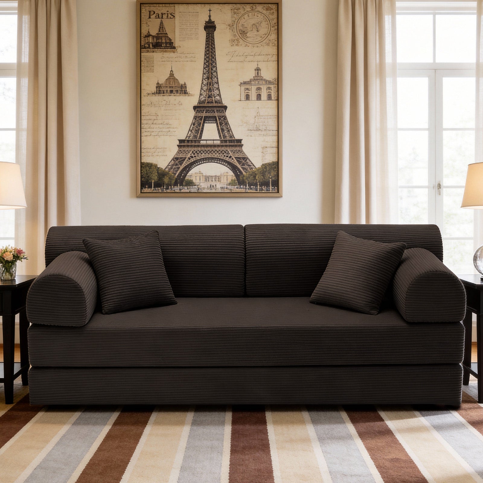 Convertible Sleeper Sofa Bed with Cylindrical Pillow, Corduroy Folding Mattress Couch with Fixed-Shape Frame, Floor Sofa Lounge Couch for Living Room Bedroom(brown)