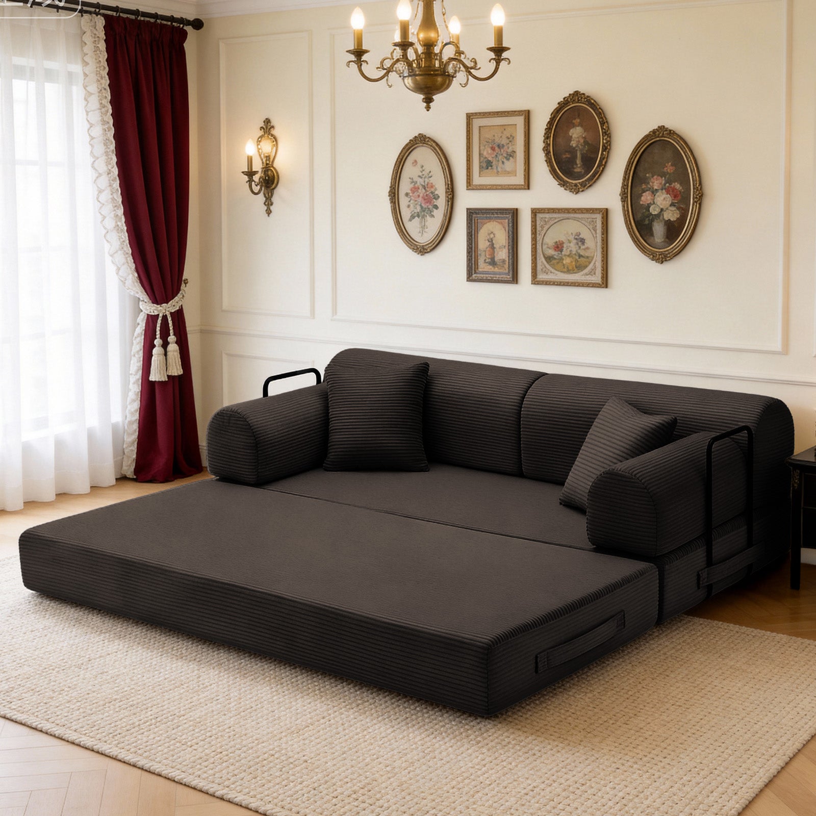 Convertible Sleeper Sofa Bed with Cylindrical Pillow, Corduroy Folding Mattress Couch with Fixed-Shape Frame, Floor Sofa Lounge Couch for Living Room Bedroom(brown)