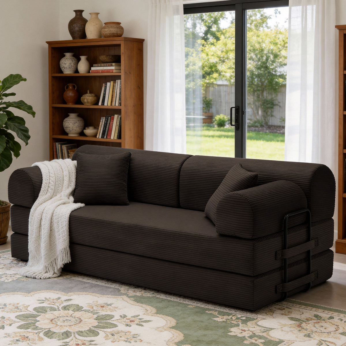Convertible Sleeper Sofa Bed with Cylindrical Pillow, Corduroy Folding Mattress Couch with Fixed-Shape Frame, Floor Sofa Lounge Couch for Living Room Bedroom(brown)