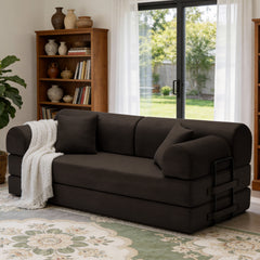Convertible Sleeper Sofa Bed with Cylindrical Pillow, Corduroy Folding Mattress Couch with Fixed-Shape Frame, Floor Sofa Lounge Couch for Living Room Bedroom(brown)
