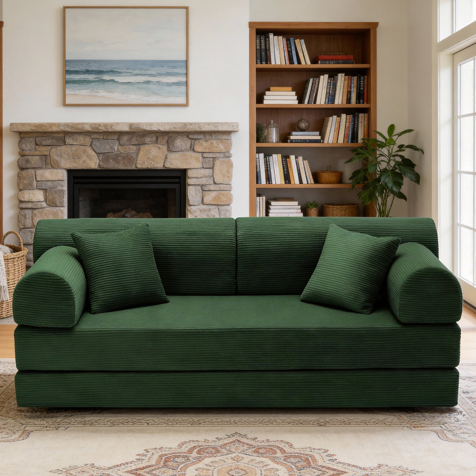 Convertible Sleeper Sofa Bed with Cylindrical Pillow, Corduroy Folding Mattress Couch with Fixed-Shape Frame, Floor Sofa Lounge Couch for Living Room Bedroom( green)