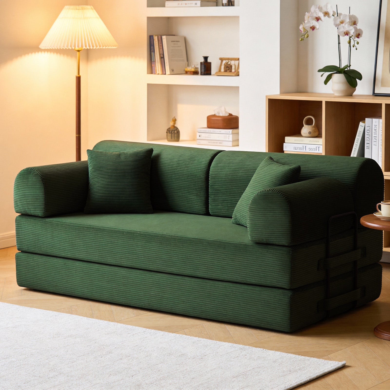 Convertible Sleeper Sofa Bed with Cylindrical Pillow, Corduroy Folding Mattress Couch with Fixed-Shape Frame, Floor Sofa Lounge Couch for Living Room Bedroom( green)