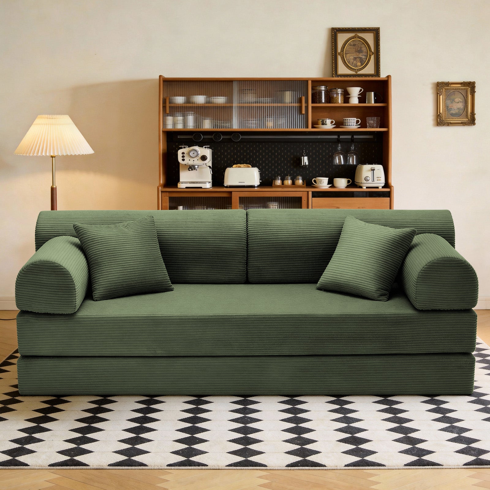 Convertible Sleeper Sofa Bed with Cylindrical Pillow, Corduroy Folding Mattress Couch with Fixed-Shape Frame, Floor Sofa Lounge Couch for Living Room Bedroom( Grayish Green)