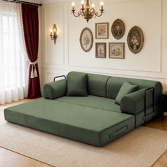 Convertible Sleeper Sofa Bed with Cylindrical Pillow, Corduroy Folding Mattress Couch with Fixed-Shape Frame, Floor Sofa Lounge Couch for Living Room Bedroom( Grayish Green)