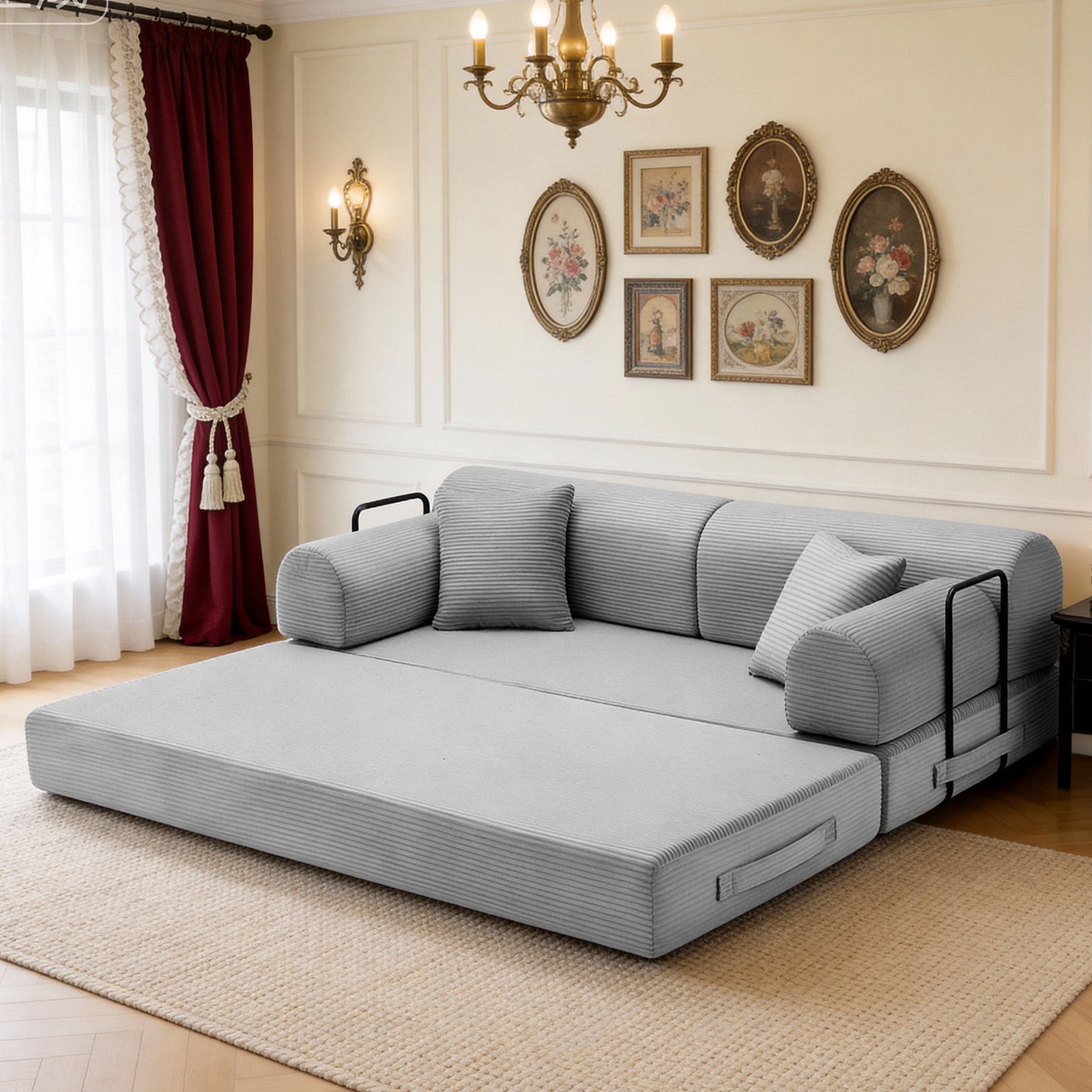 Convertible Sleeper Sofa Bed with Cylindrical Pillow, Corduroy Folding Mattress Couch with Fixed-Shape Frame, Floor Sofa Lounge Couch for Living Room Bedroom( Light gray)
