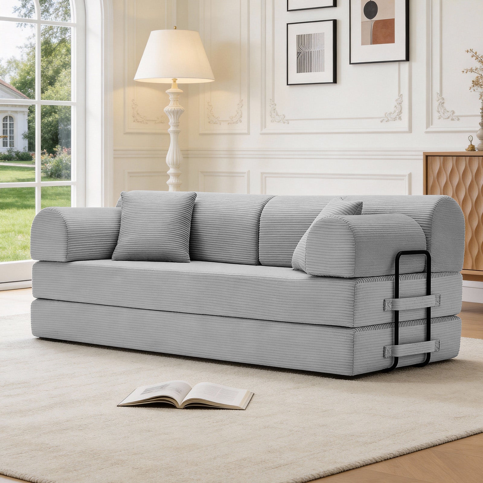 Convertible Sleeper Sofa Bed with Cylindrical Pillow, Corduroy Folding Mattress Couch with Fixed-Shape Frame, Floor Sofa Lounge Couch for Living Room Bedroom( Light gray)