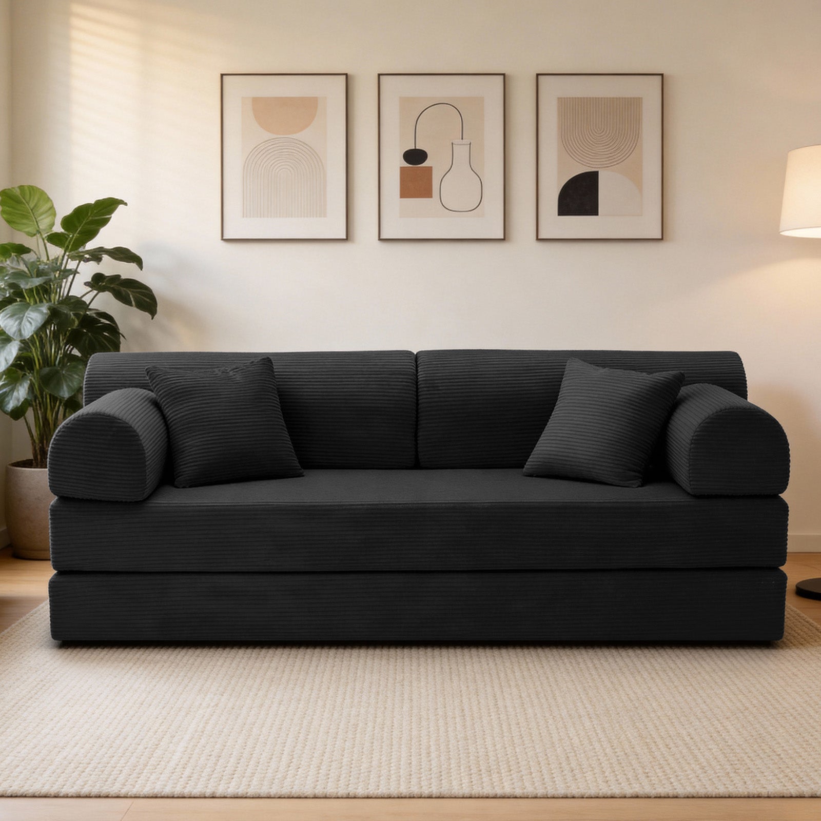 Convertible Sleeper Sofa Bed with Cylindrical Pillow, Corduroy Folding Mattress Couch with Fixed-Shape Frame, Floor Sofa Lounge Couch for Living Room Bedroom(Black)