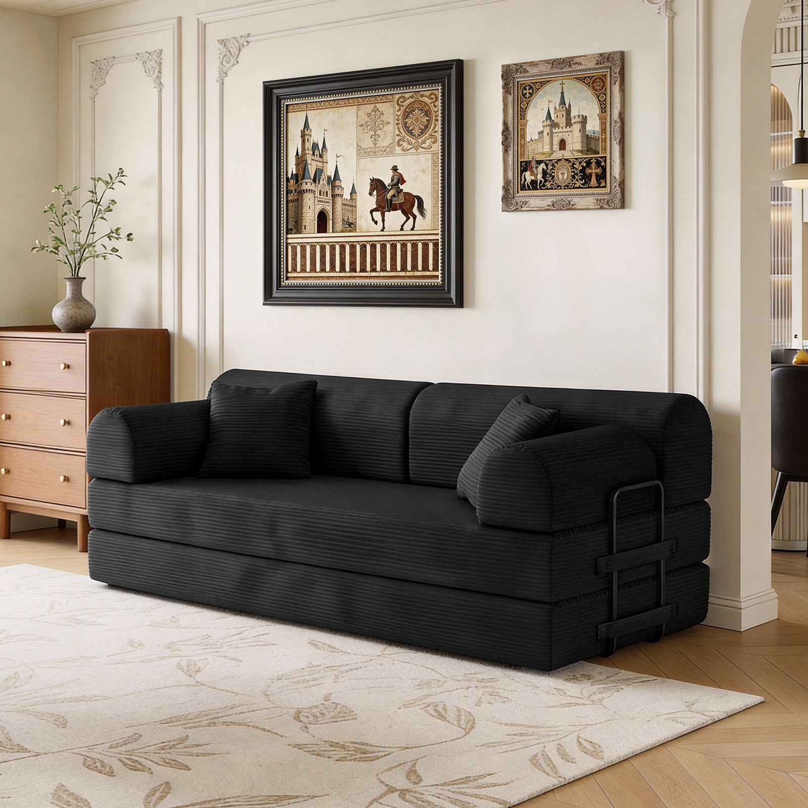 Convertible Sleeper Sofa Bed with Cylindrical Pillow, Corduroy Folding Mattress Couch with Fixed-Shape Frame, Floor Sofa Lounge Couch for Living Room Bedroom(Black)