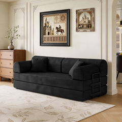 Convertible Sleeper Sofa Bed with Cylindrical Pillow, Corduroy Folding Mattress Couch with Fixed-Shape Frame, Floor Sofa Lounge Couch for Living Room Bedroom(Black)