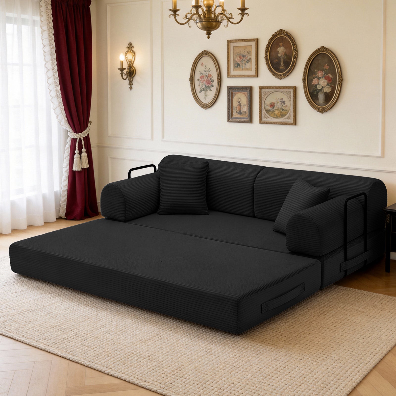 Convertible Sleeper Sofa Bed with Cylindrical Pillow, Corduroy Folding Mattress Couch with Fixed-Shape Frame, Floor Sofa Lounge Couch for Living Room Bedroom(Black)