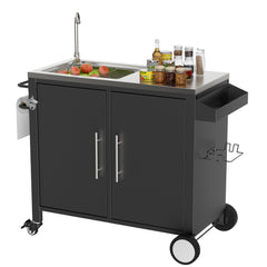 Outdoor Grill Table with Sink, Grill Cart with 304 Stainless Steel Sink and Cabinet, Outdoor Grill Cart,Outdoor Cart Sink Station with Wheels, L38" x W18" x H35"