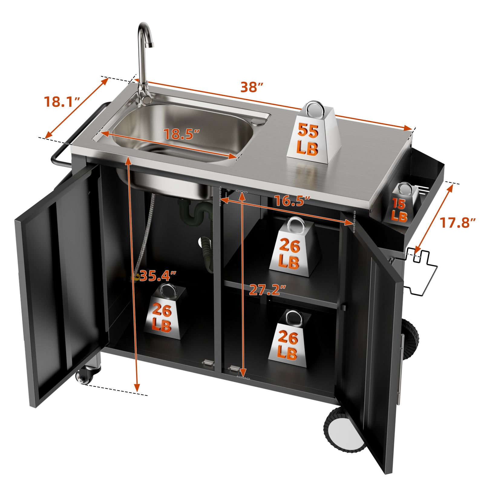 Outdoor Grill Table with Sink, Grill Cart with 304 Stainless Steel Sink and Cabinet, Outdoor Grill Cart,Outdoor Cart Sink Station with Wheels, L38" x W18" x H35"