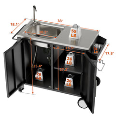 Outdoor Grill Table with Sink, Grill Cart with 304 Stainless Steel Sink and Cabinet, Outdoor Grill Cart,Outdoor Cart Sink Station with Wheels, L38" x W18" x H35"