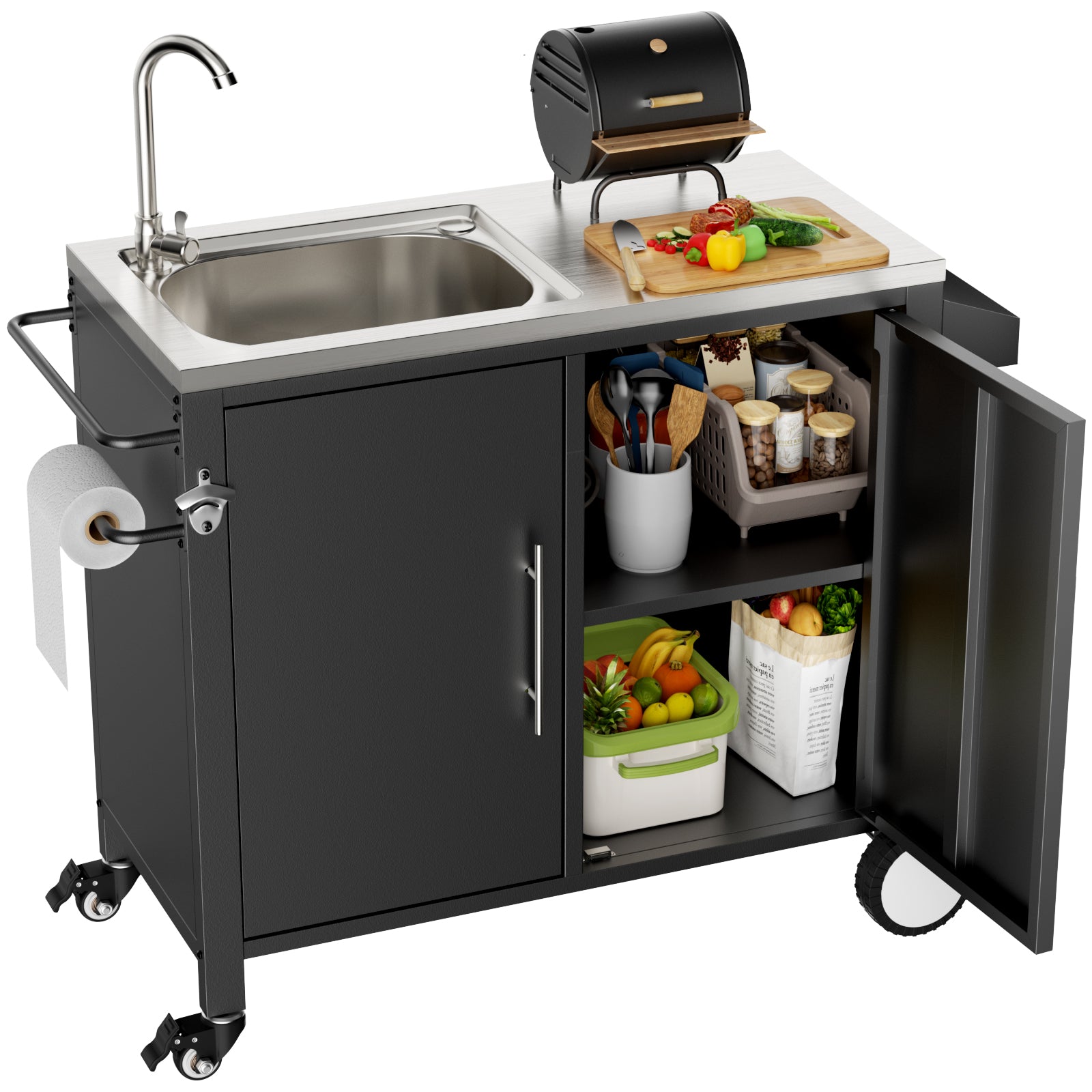 Outdoor Grill Table with Sink, Grill Cart with 304 Stainless Steel Sink and Cabinet, Outdoor Grill Cart,Outdoor Cart Sink Station with Wheels, L38" x W18" x H35"