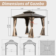 8' X 8' Hardtop Gazebo, Aluminum Metal Gazebo with Galvanized Steel Double Roof Canopy, Curtain and Netting, Permanent Gazebo Pavilion for Patio, Backyard, Deck, Lawn,Brown