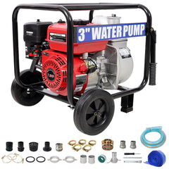 Gas Engine Powered Water Pump 3" inlet&outlet, Flow:264Gpm , 7HP Engine 212CC, EPA Certificated, 3in NPT Connector, 3in to 2in coupler 2in1, 50 ft Discharge Hose, 12 ft Suction Hose, Wheels and Handle