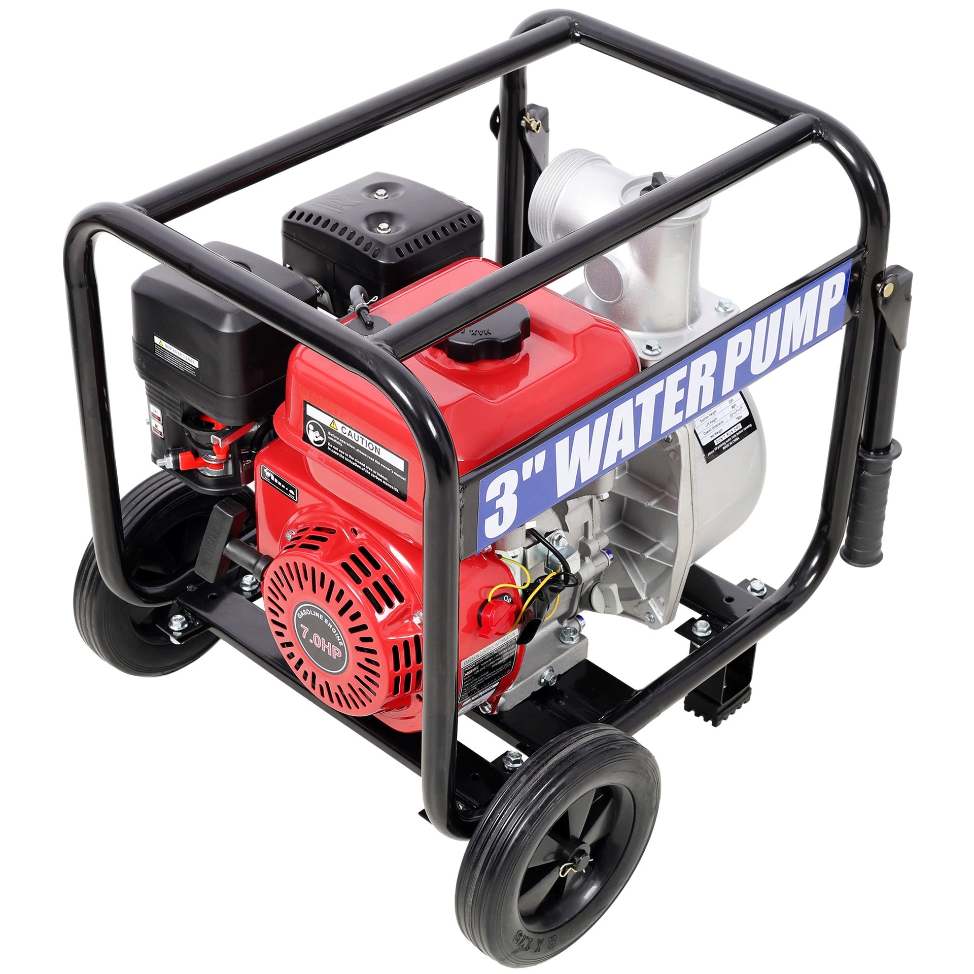 Gas Engine Powered Water Pump 3" inlet&outlet, Flow:264Gpm , 7HP Engine 212CC, EPA Certificated, 3in NPT Connector, 3in to 2in coupler 2in1, 50 ft Discharge Hose, 12 ft Suction Hose, Wheels and Handle