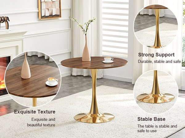 Round Dining Table, 31.5" Circle Tulip Table with Thickened Tabletop & Metal Pedestal, Mid Century Modern Bistro Table for Kitchen, Small Places, Living Room, Cafe (Faux Walnut)