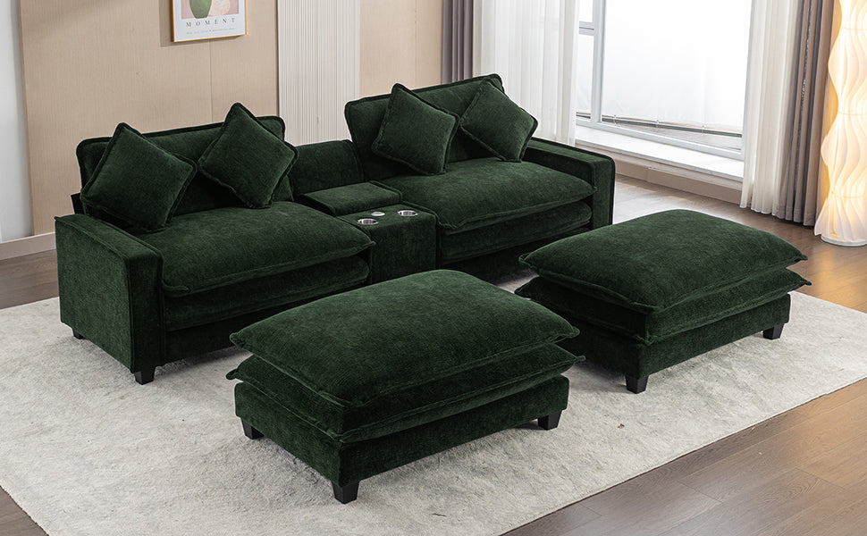 111" Sectional Sofa Chenille Upholstered Sofa with Two Removable Ottoman, Two USB Ports, Two Cup Holders and Large Storage Box for Living Room, Green