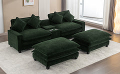 111" Sectional Sofa Chenille Upholstered Sofa with Two Removable Ottoman, Two USB Ports, Two Cup Holders and Large Storage Box for Living Room, Green