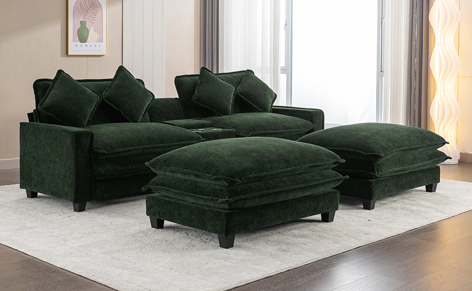 111" Sectional Sofa Chenille Upholstered Sofa with Two Removable Ottoman, Two USB Ports, Two Cup Holders and Large Storage Box for Living Room, Green