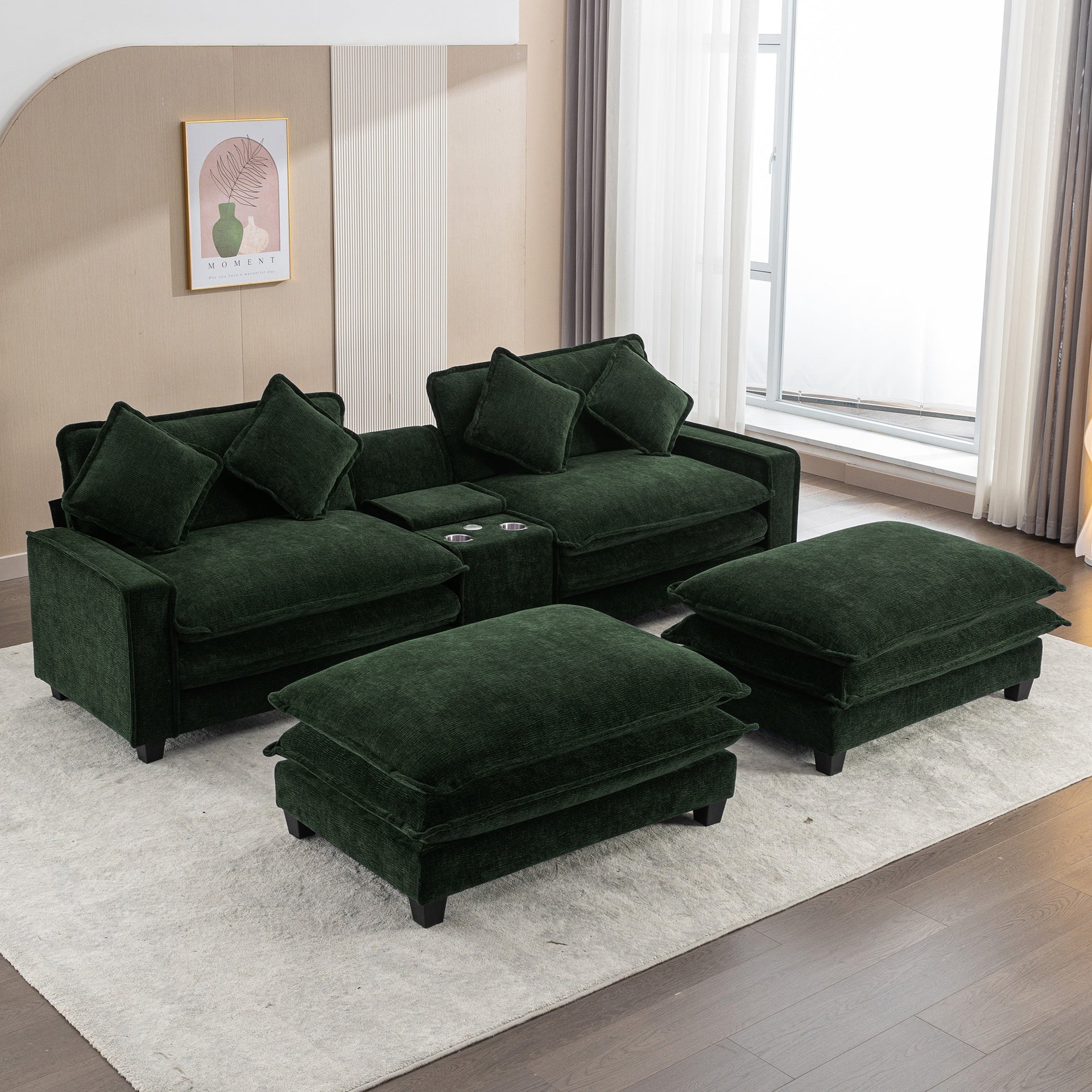 111" Sectional Sofa Chenille Upholstered Sofa with Two Removable Ottoman, Two USB Ports, Two Cup Holders and Large Storage Box for Living Room, Green