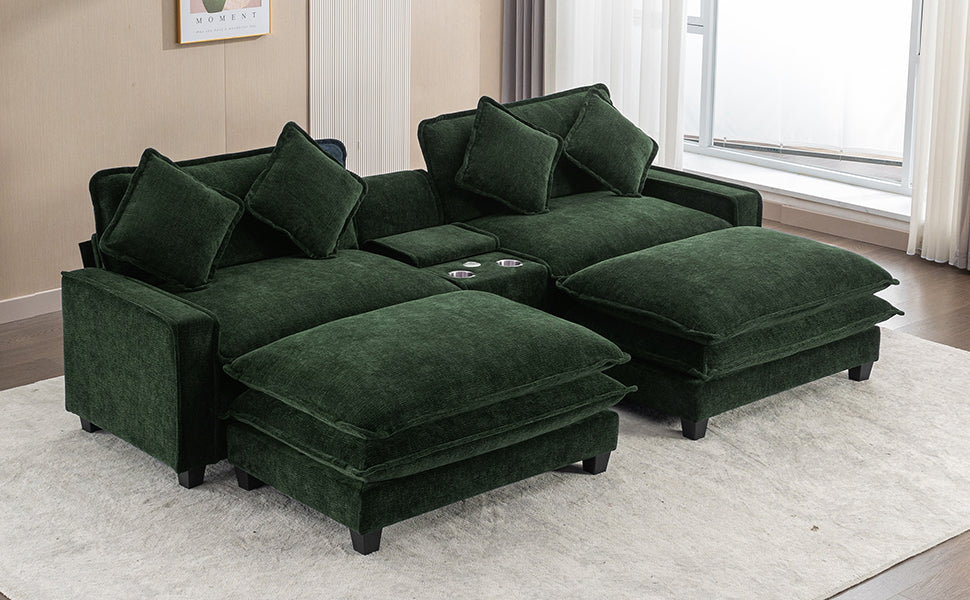 111" Sectional Sofa Chenille Upholstered Sofa with Two Removable Ottoman, Two USB Ports, Two Cup Holders and Large Storage Box for Living Room, Green