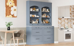[Assembly Video Provided] TOPMAX Modern 83.7inch High Kitchen Pantry, Freestanding Tall Kitchen Hutch with Faux Marble Top, Cupboard Cabinet with 5 Storage Drawers and Adjustable Shelf, Set of 2, Gray