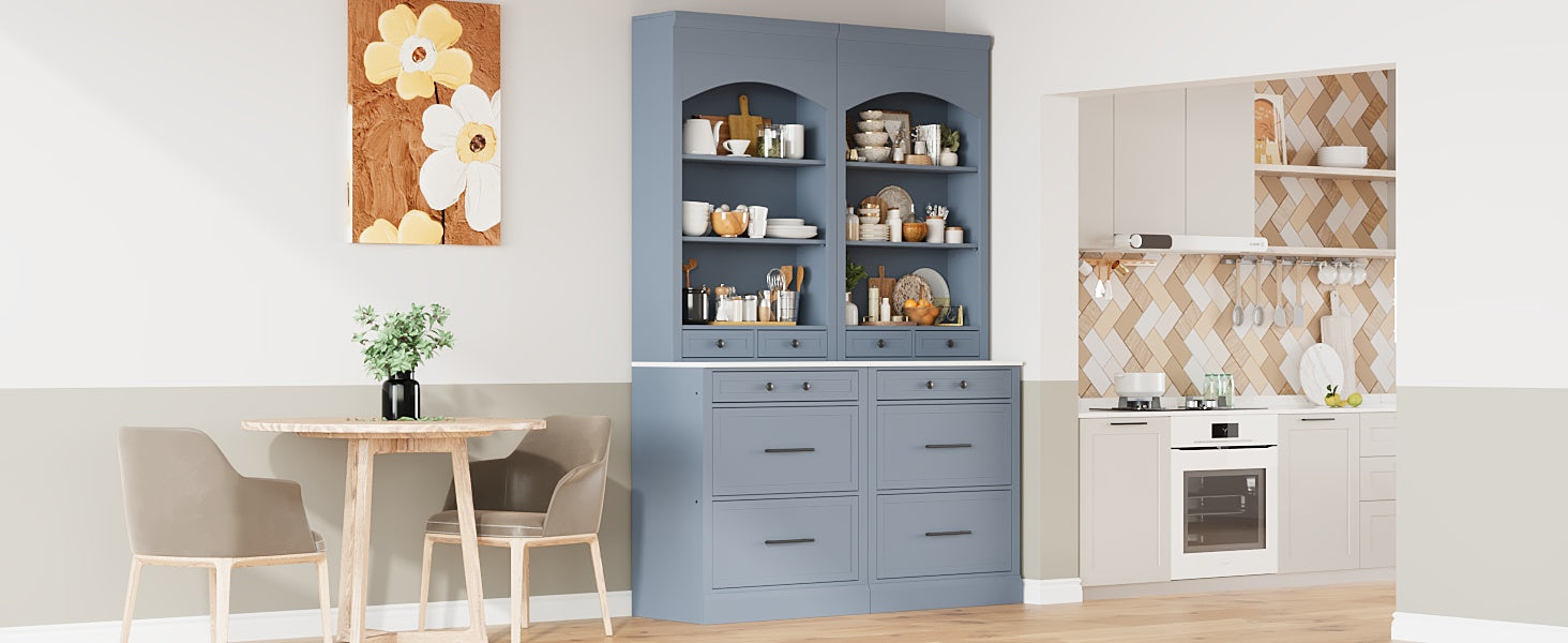 [Assembly Video Provided] TOPMAX Modern 83.7inch High Kitchen Pantry, Freestanding Tall Kitchen Hutch with Faux Marble Top, Cupboard Cabinet with 5 Storage Drawers and Adjustable Shelf, Set of 2, Gray