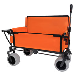 3-in-1 Folding Wagon with Bench Seat & Rear-Mounted Folding Tabletop – 500lbs Capacity, 9"x4" Beach Tires for Camping, Orange