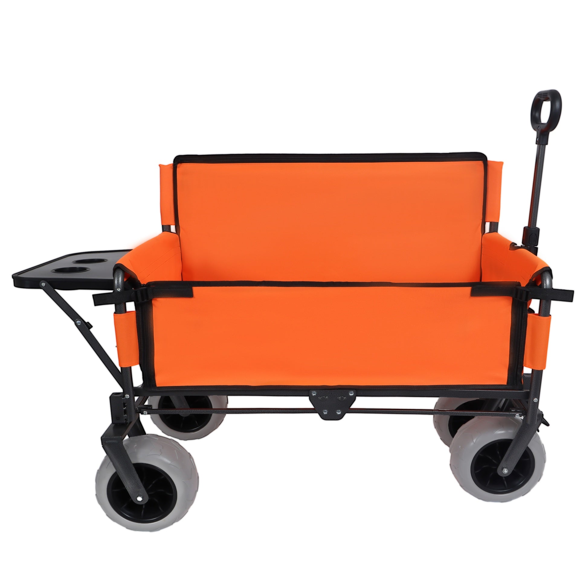 3-in-1 Folding Wagon with Bench Seat & Rear-Mounted Folding Tabletop – 500lbs Capacity, 9"x4" Beach Tires for Camping, Orange