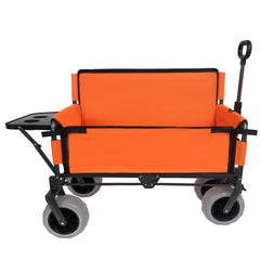 3-in-1 Folding Wagon with Bench Seat & Rear-Mounted Folding Tabletop – 500lbs Capacity, 9"x4" Beach Tires for Camping, Orange