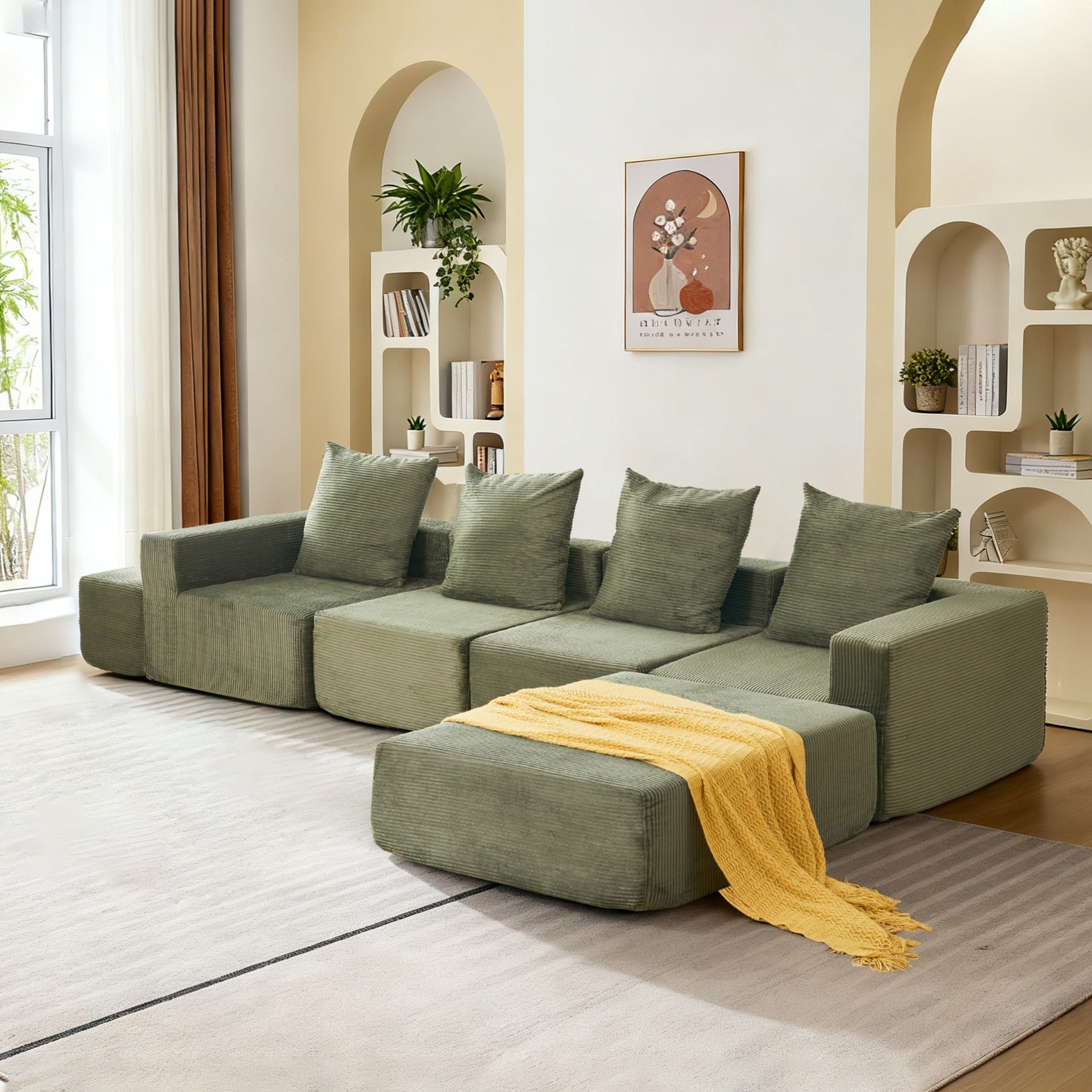 4-Seat Modular Sofa Sectional with Oversized Chaise & Ottomans - Cloud Couch in Soft Corduroy Fabric for Small Spaces, Living Room, Apartment (Green)