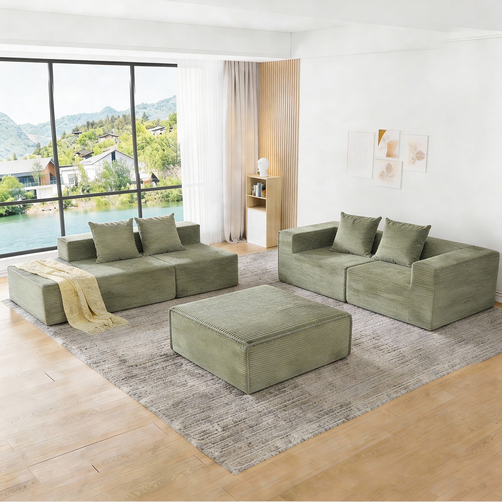 4-Seat Modular Sofa Sectional with Oversized Chaise & Ottomans - Cloud Couch in Soft Corduroy Fabric for Small Spaces, Living Room, Apartment (Green)