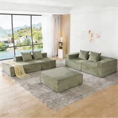 4-Seat Modular Sofa Sectional with Oversized Chaise & Ottomans - Cloud Couch in Soft Corduroy Fabric for Small Spaces, Living Room, Apartment (Green)
