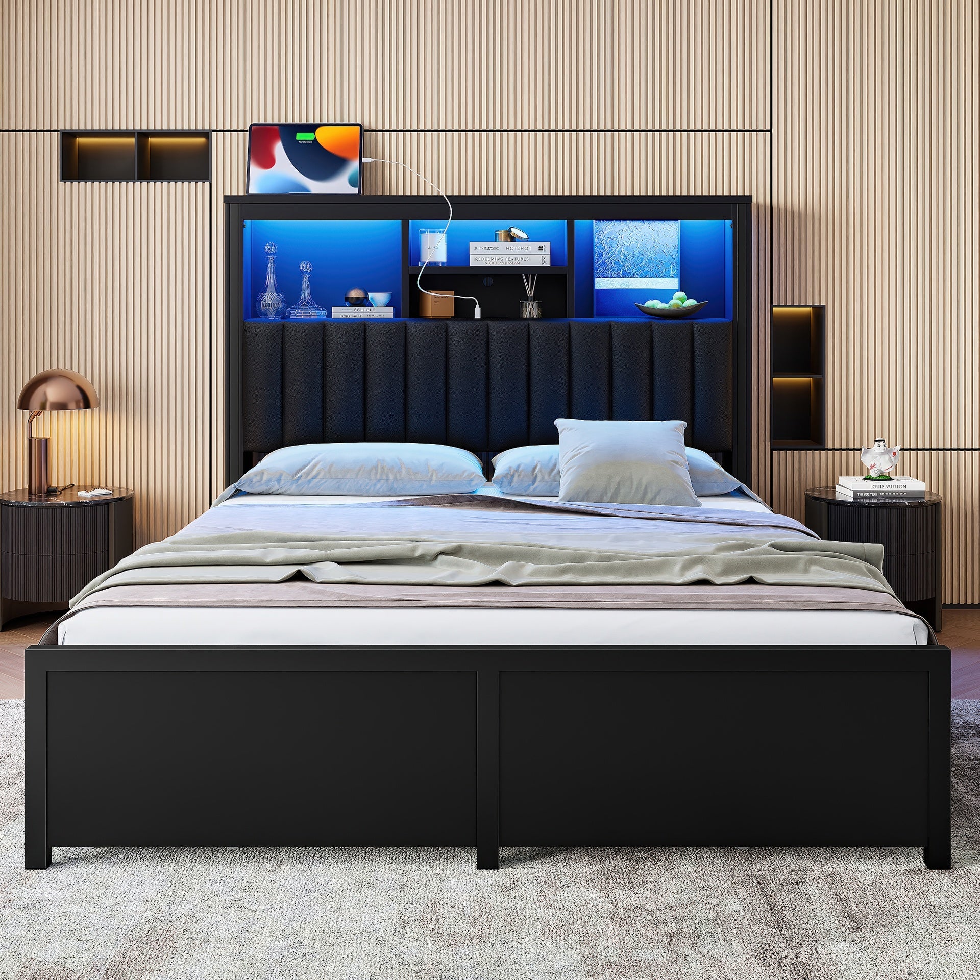 Queen Bed Frame with High Storage Headboard,  Bed Frame with  LED light and Charging Station , 4 Storage Drawers , No Box Spring Needed/Noise Free/All-Metal Support, Black