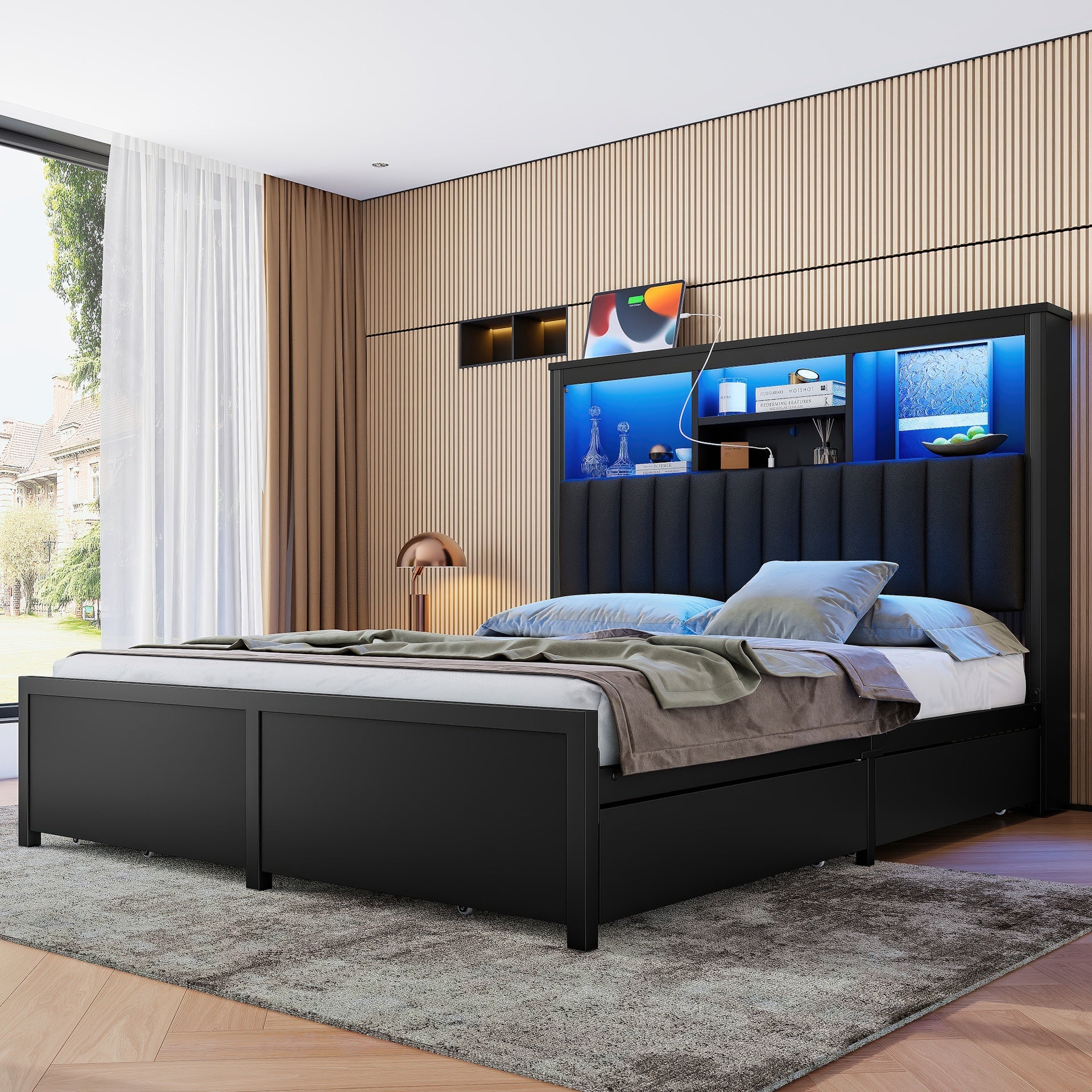Queen Bed Frame with High Storage Headboard,  Bed Frame with  LED light and Charging Station , 4 Storage Drawers , No Box Spring Needed/Noise Free/All-Metal Support, Black
