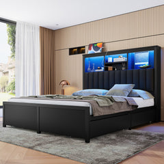 Queen Bed Frame with High Storage Headboard,  Bed Frame with  LED light and Charging Station , 4 Storage Drawers , No Box Spring Needed/Noise Free/All-Metal Support, Black