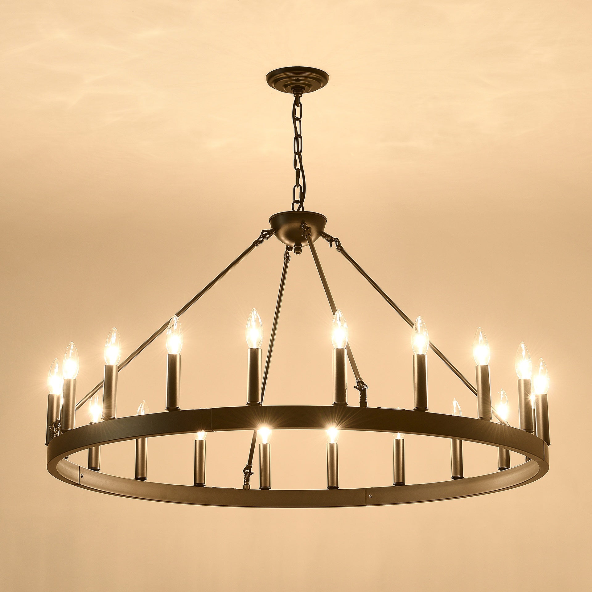 53.15 Inch Matte Black Wagon Wheel Chandelier With 18 light (No Bulbs) -E12