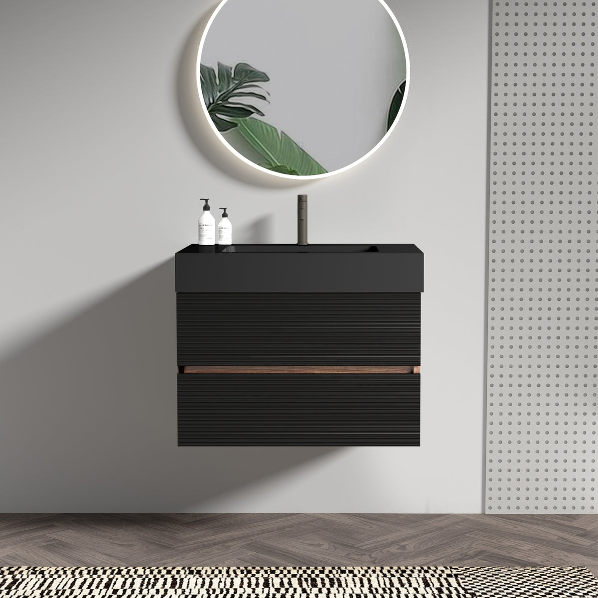 Grace 30'' Bathroom Vanity with Matt Black Engineered Quartz Sink and Soft Black Drawers, Wall Mounted Floating Bathroom Vanity for Modern Bathroom, One-Piece Matt Black Basin, KD