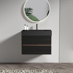 Grace 30'' Bathroom Vanity with Matt Black Engineered Quartz Sink and Soft Black Drawers, Wall Mounted Floating Bathroom Vanity for Modern Bathroom, One-Piece Matt Black Basin, KD