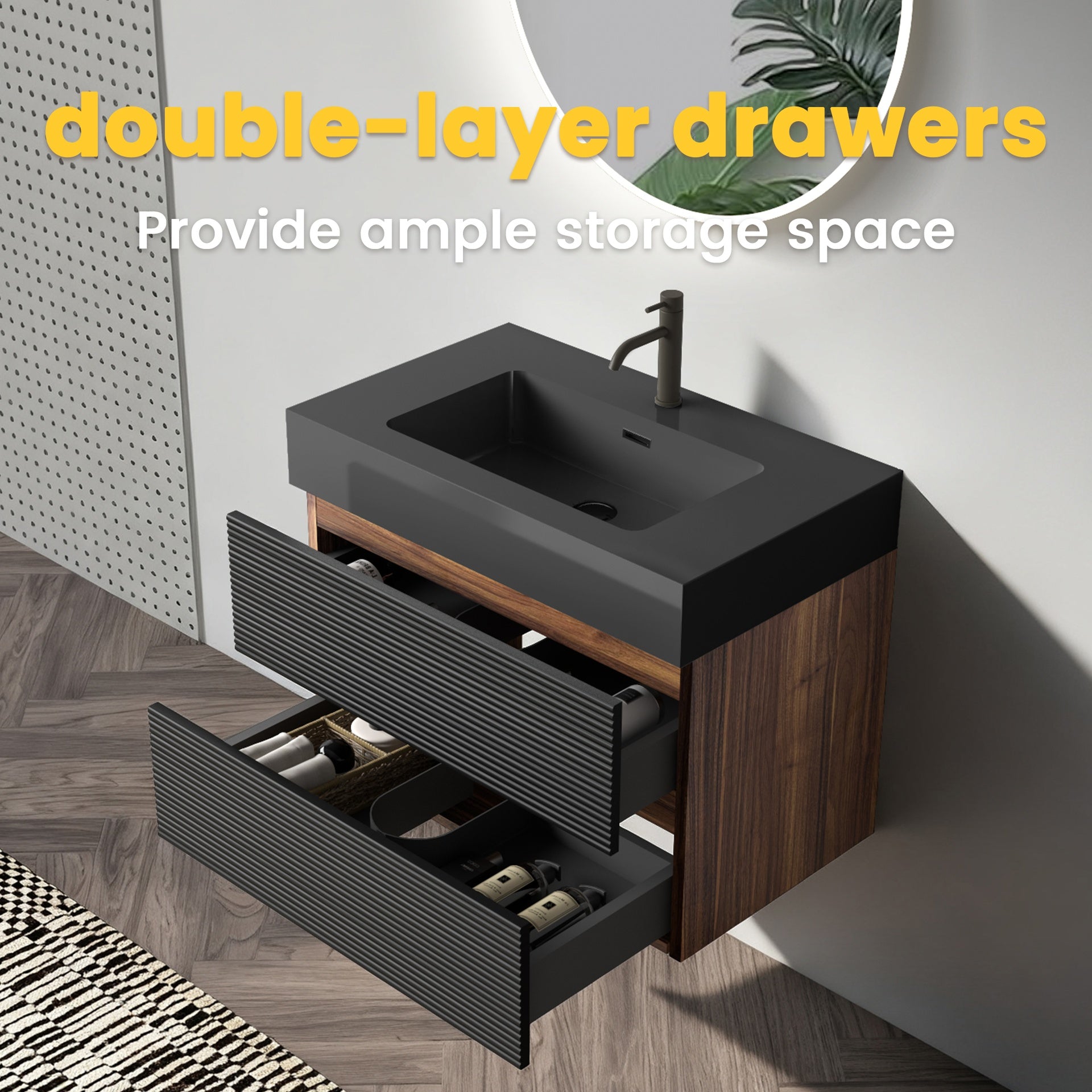 Grace 30'' Bathroom Vanity with Matt Black Engineered Quartz Sink and Soft Black Drawers, Wall Mounted Floating Bathroom Vanity for Modern Bathroom, One-Piece Matt Black Basin, KD
