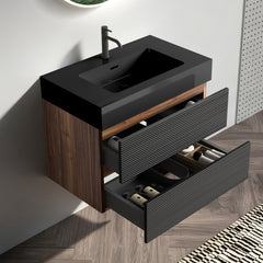 Grace 30'' Bathroom Vanity with Matt Black Engineered Quartz Sink and Soft Black Drawers, Wall Mounted Floating Bathroom Vanity for Modern Bathroom, One-Piece Matt Black Basin, KD