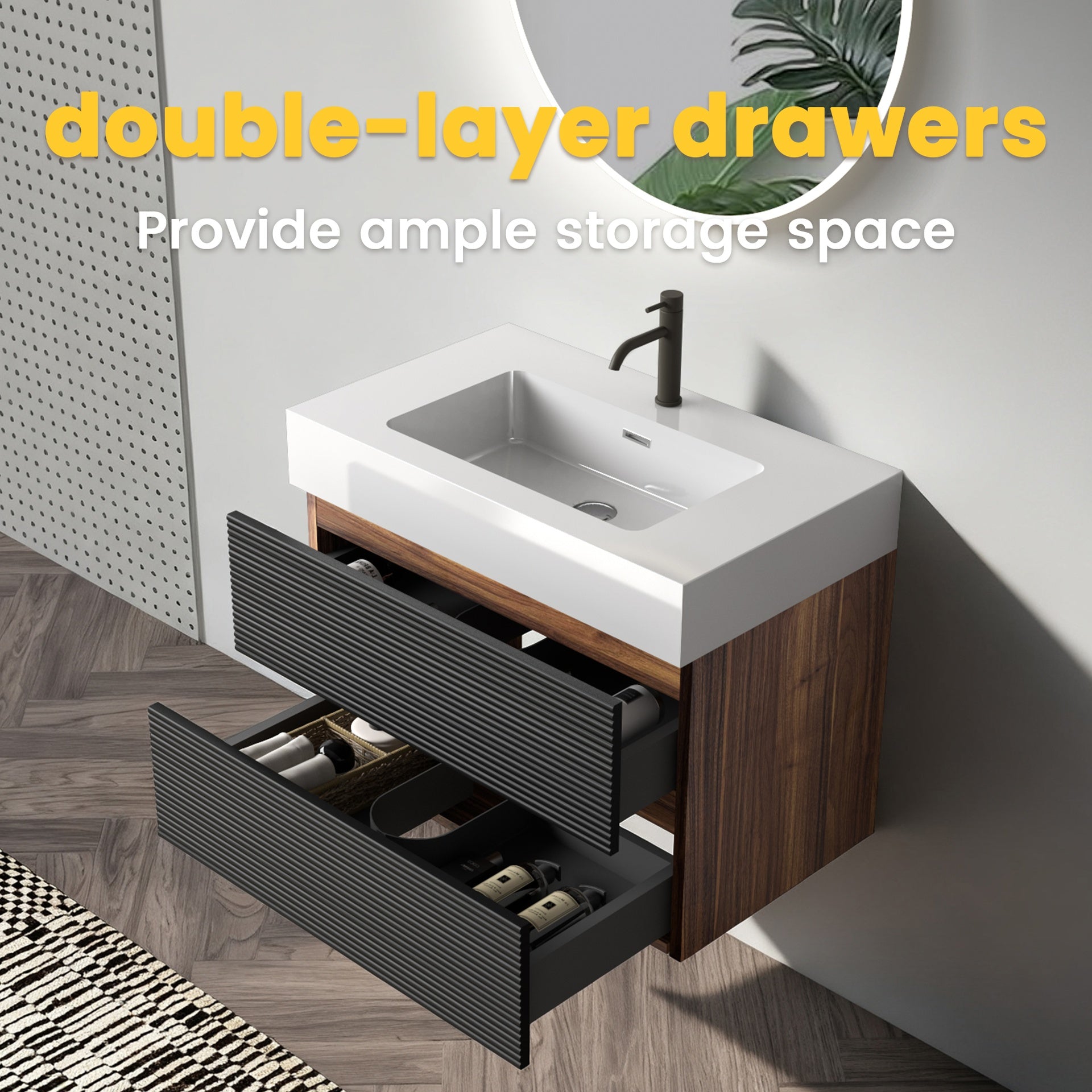 30' Bathroom Vanity with Sink Engineered Quartz Sink and Soft Black Drawers, Wall Mounted Floating Bathroom Vanity for Modern Bathroom, One-Piece White Glossy
 Basin without drainage and faucet, KD
