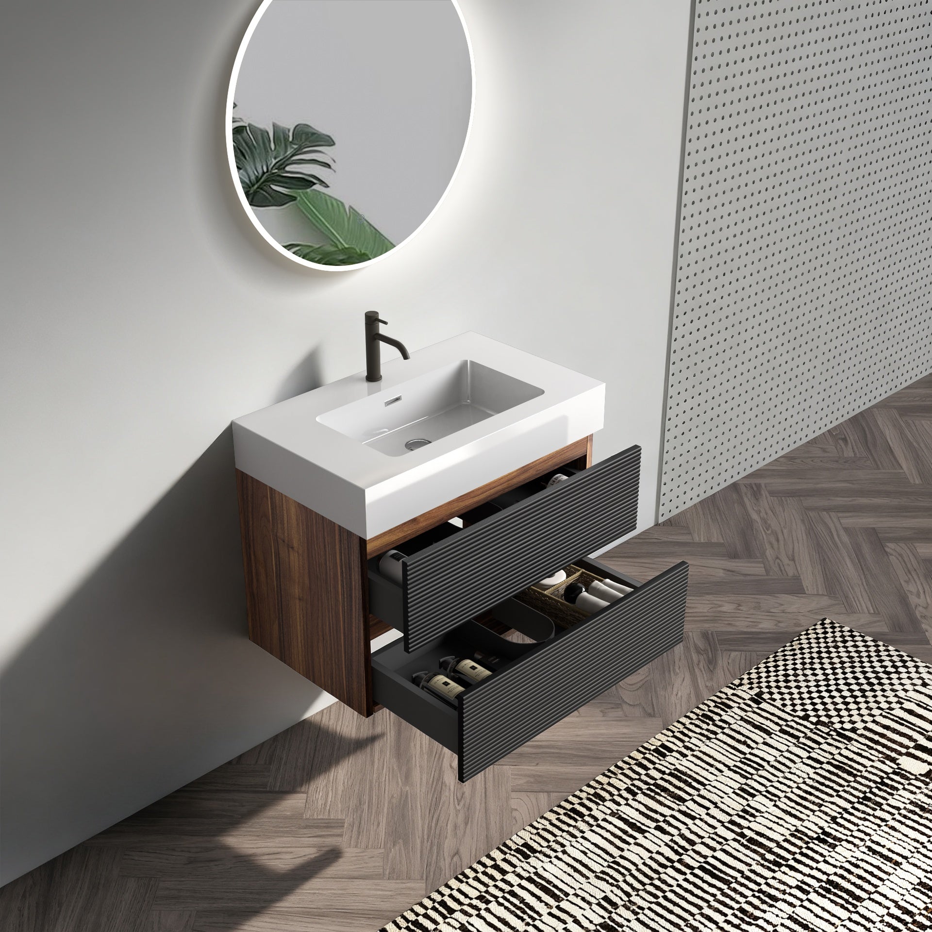 30' Bathroom Vanity with Sink Engineered Quartz Sink and Soft Black Drawers, Wall Mounted Floating Bathroom Vanity for Modern Bathroom, One-Piece White Glossy
 Basin without drainage and faucet, KD